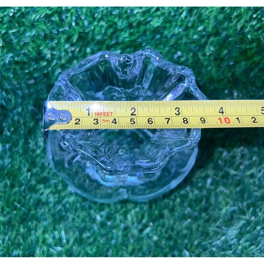 Clear Glass Drawstring Bag Pouch Vase Ruffled Rim Ribbed Texture 7in